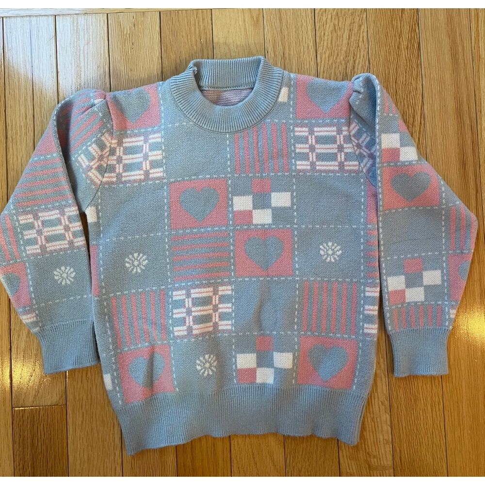 Vintage 80's girls sweater, hearts, pastels, acrylic 6Y‎